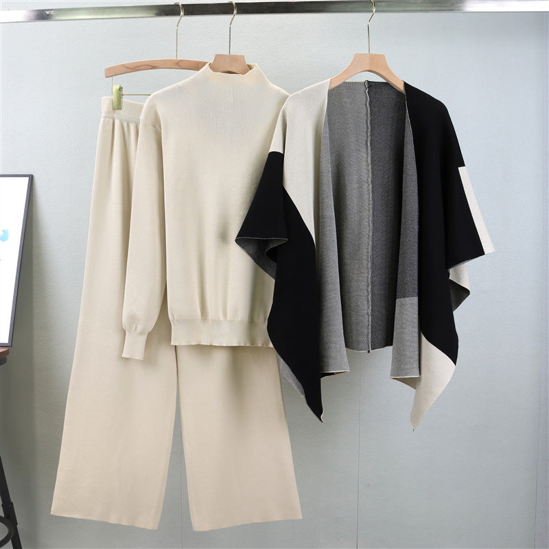Women's Fashionable Knitted Color Matching Shawl Three-piece Suits