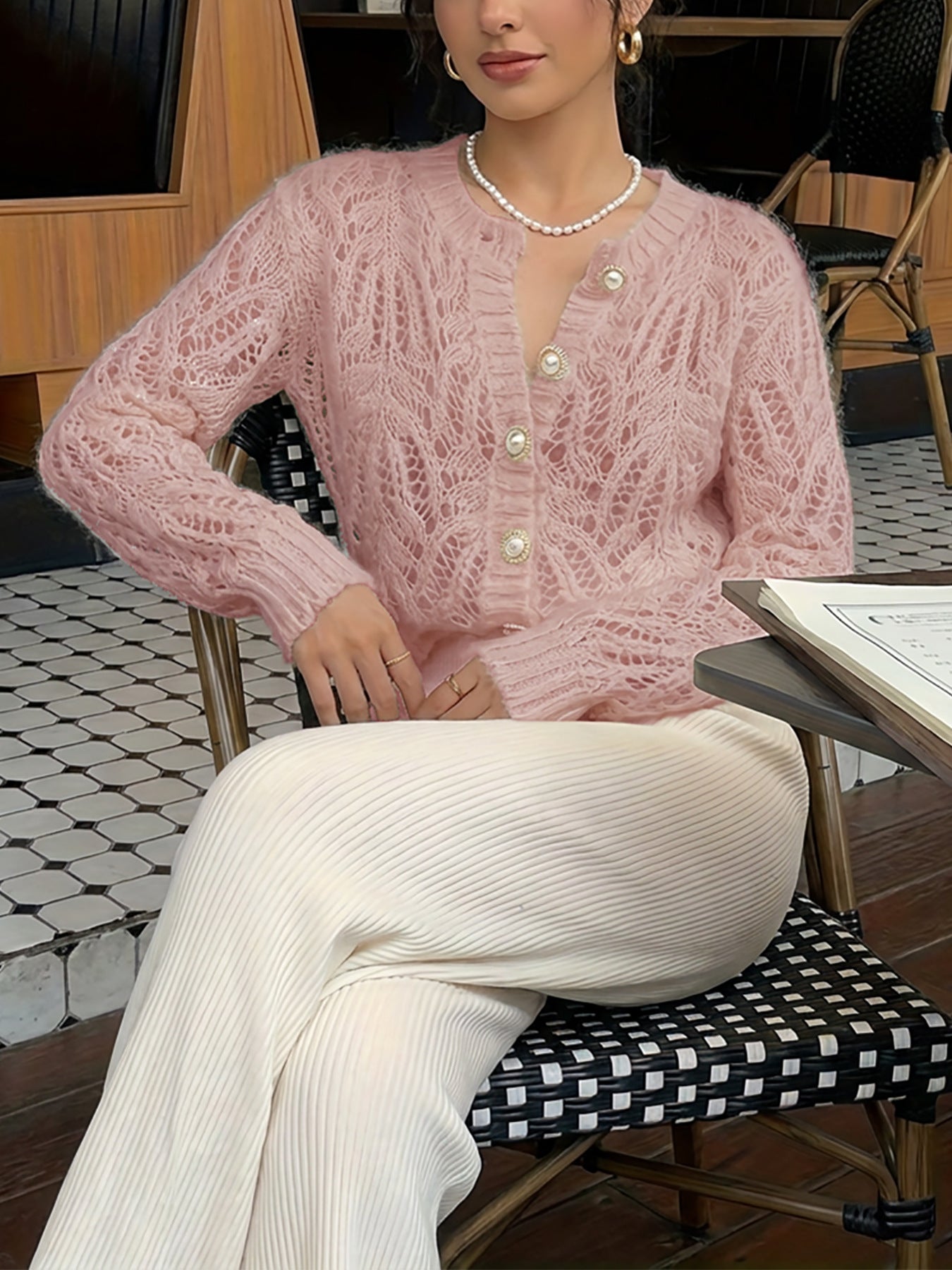 Women's Neck Pearl Buckle Design Solid Color Long Sleeve Slim Fit Women's Sweater