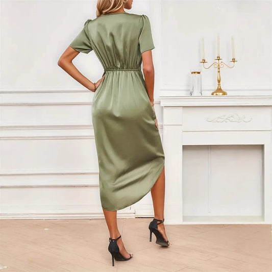 Women's Satin Sleeve Stomach Blanket Cross Collar Dresses