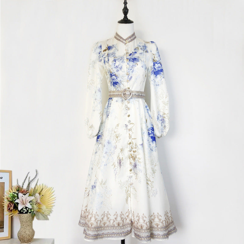 Women's Floral Print Single-breasted Stand-up Collar Puff Dresses