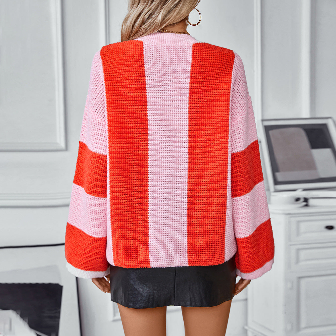 Women's Contrast Color Striped Casual Loose Pullover Sweater