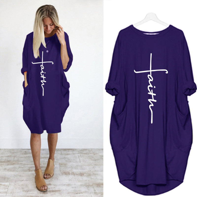 Women's Neck Long Sleeve Cross Printed Wear Dress