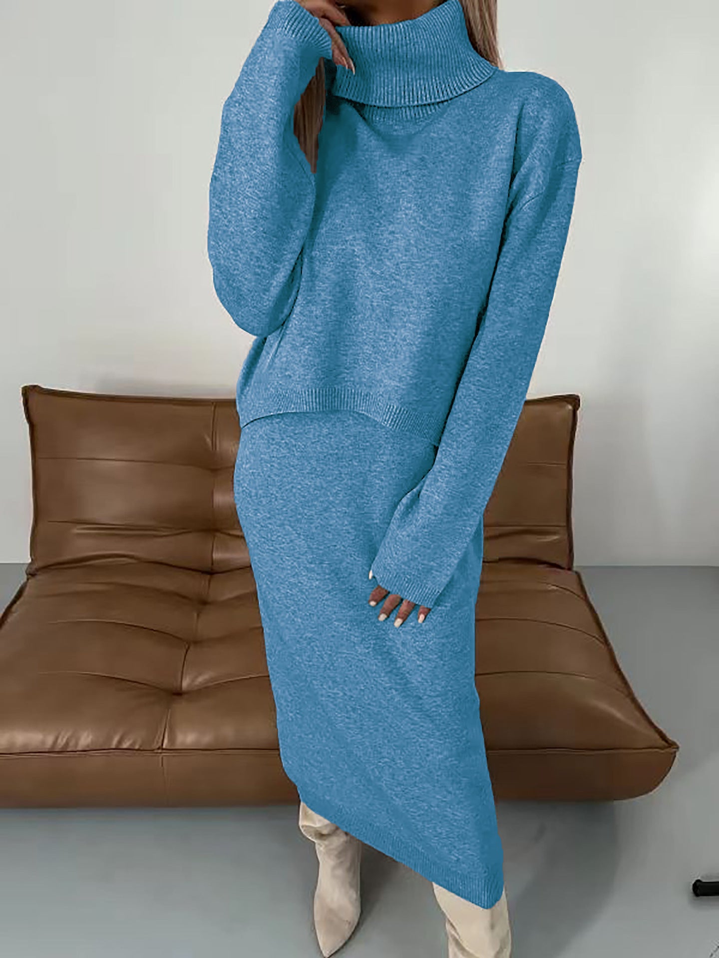 Women's Solid Color Turtleneck Knitting Hip Two-piece Fashion Casual Suit