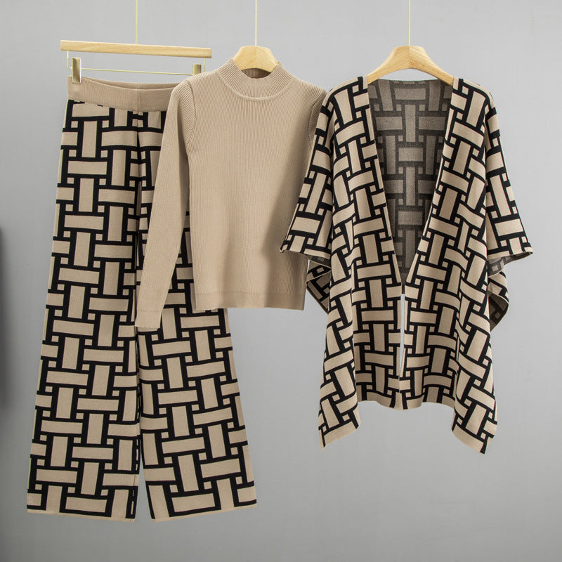 Women's High-grade Elegant Shawl Fashionable Jacquard Three-piece Sweaters