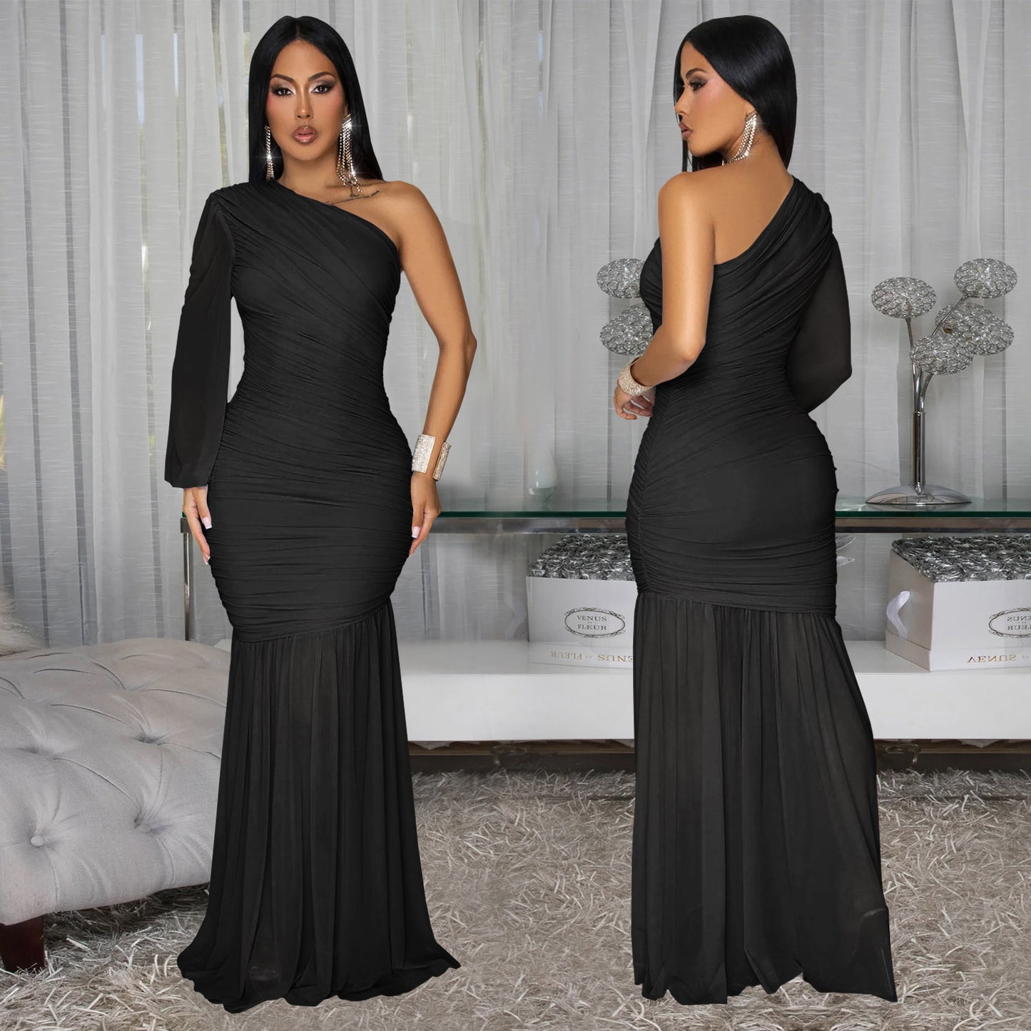 Women's Wear Sexy Oblique Shoulder Mesh High-grade Dresses