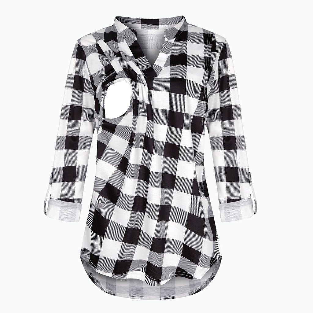 Plaid Printed Pregnant Woman Breastfeeding Long Blouses