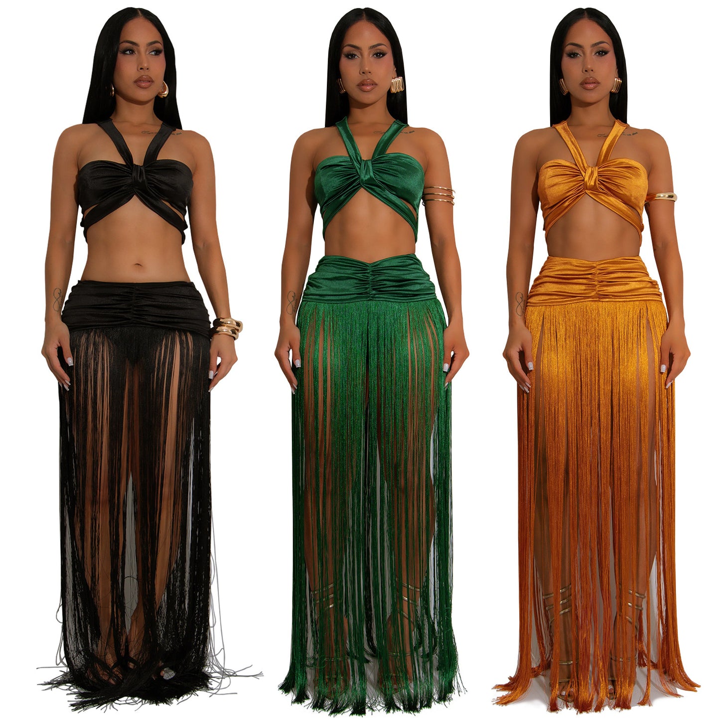 Women's Fashion Wear Sexy Shoulder Strap Tassel Dress Suits