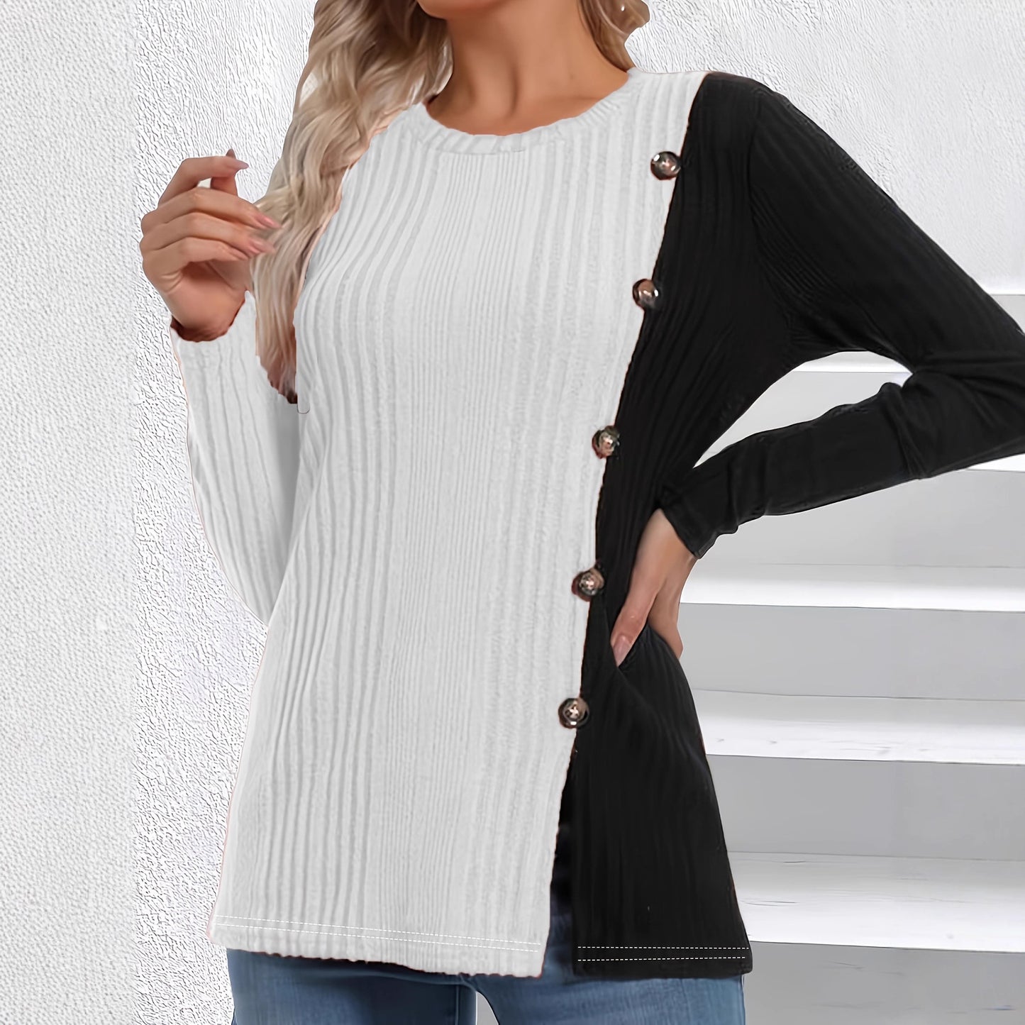 Women's Casual Sunken Stripe Button Long Sleeve Tops