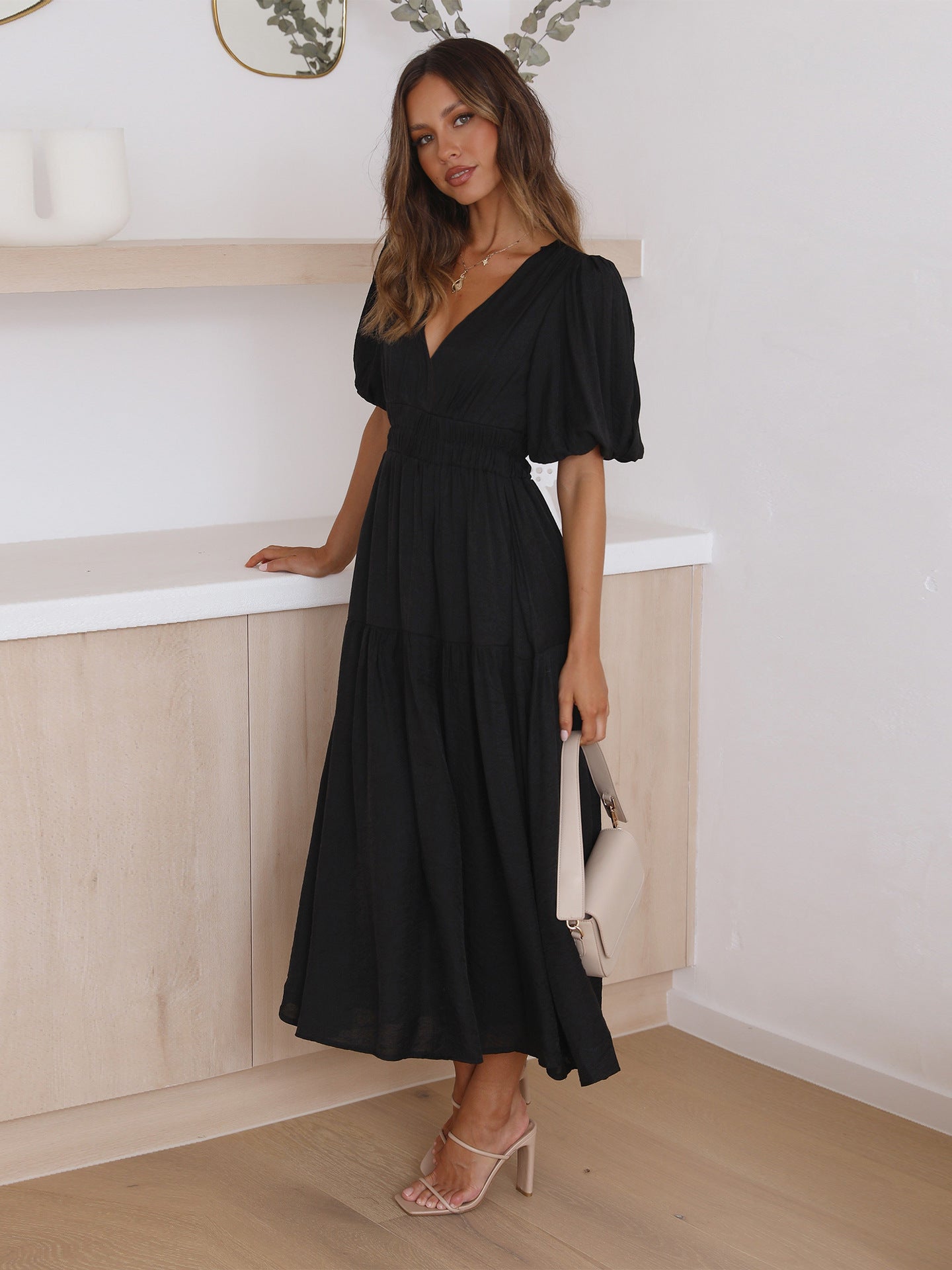 Women's Fashion Wear Summer High-grade Deep V Puff Sleeve Dress