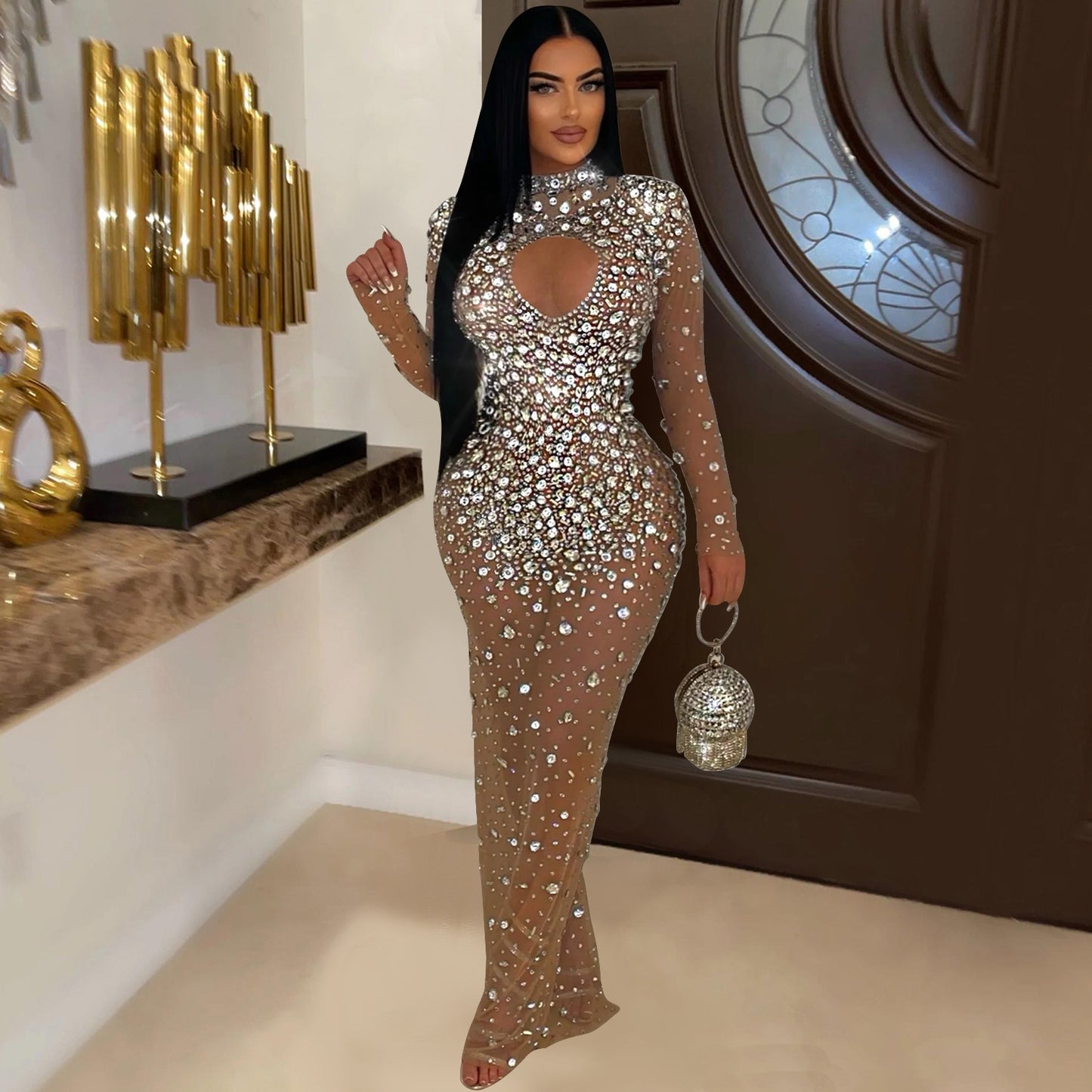 Women's Fashion Wear Round Neck Rhinestone Dress Dresses