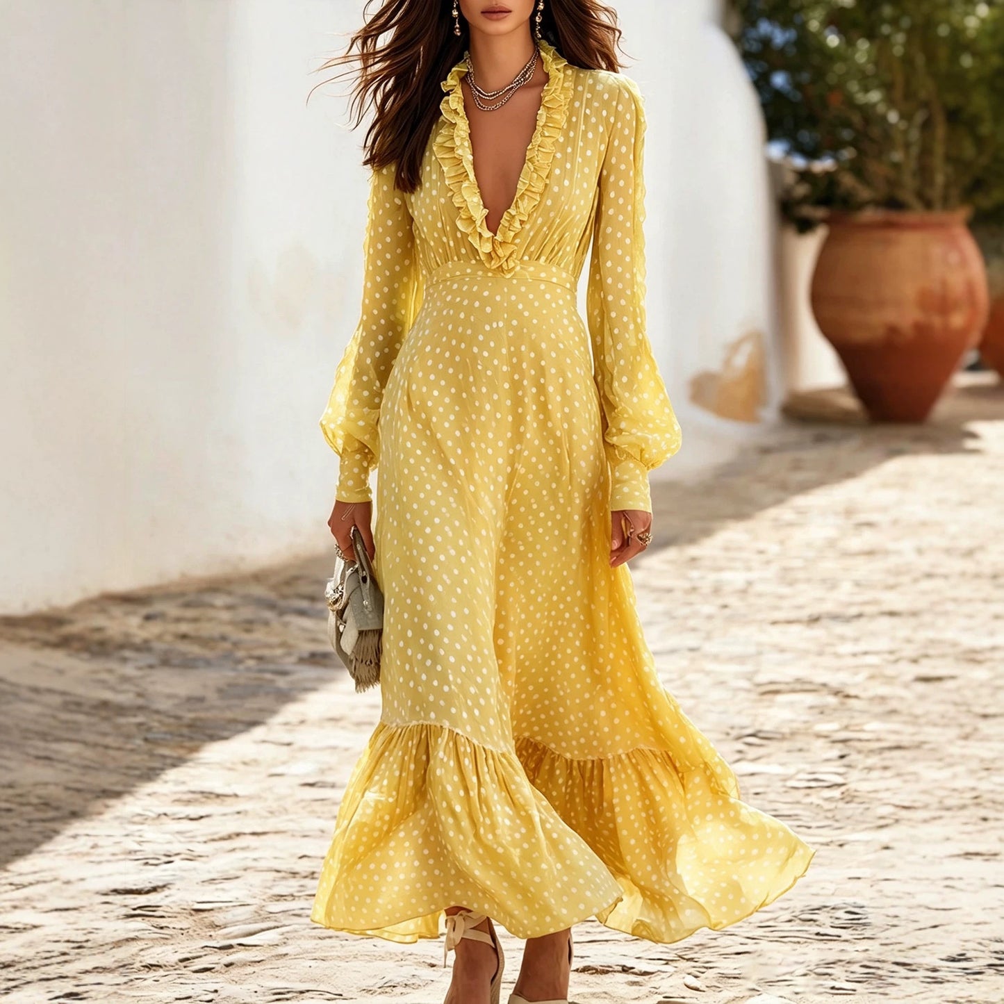 Polka-dot Long Deep V Wooden Ear Dress