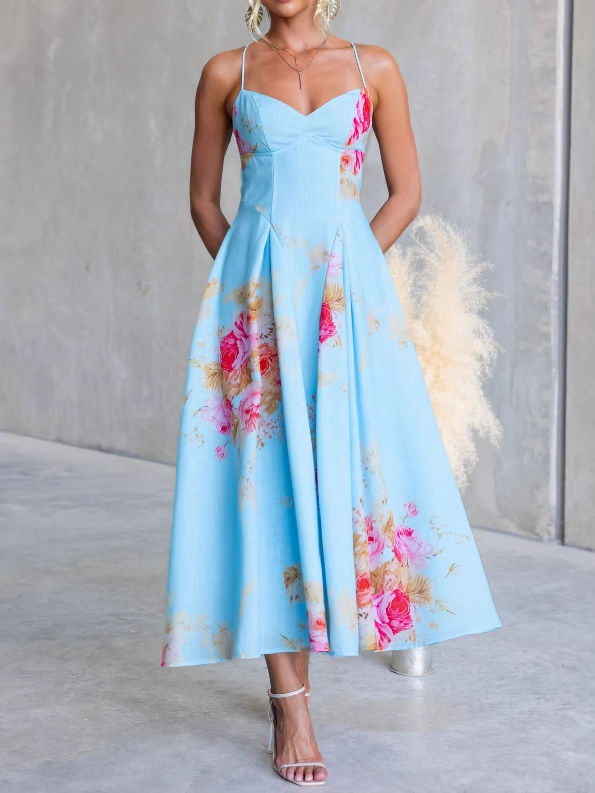 Women's Summer Flower Printed Large Swing Strap Beach Dress