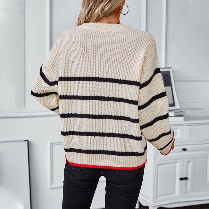 Women's Contrast Color Striped Pullover Casual Long-sleeved Sweater