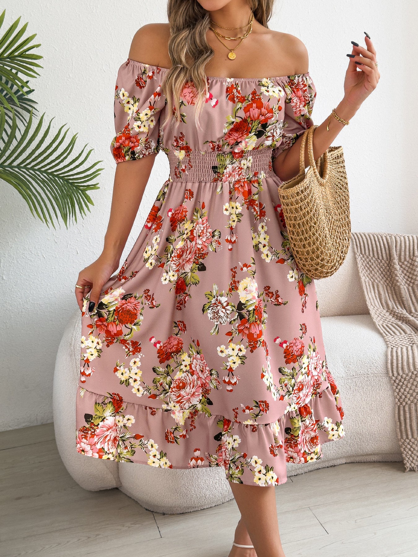 Women's Flower Sleeve Ruffled A- Line Holiday Dress