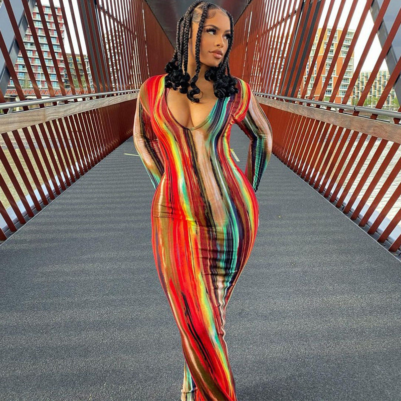 Women's Large-sized Printed Long Sleeve Close-fitting Sexy Dress