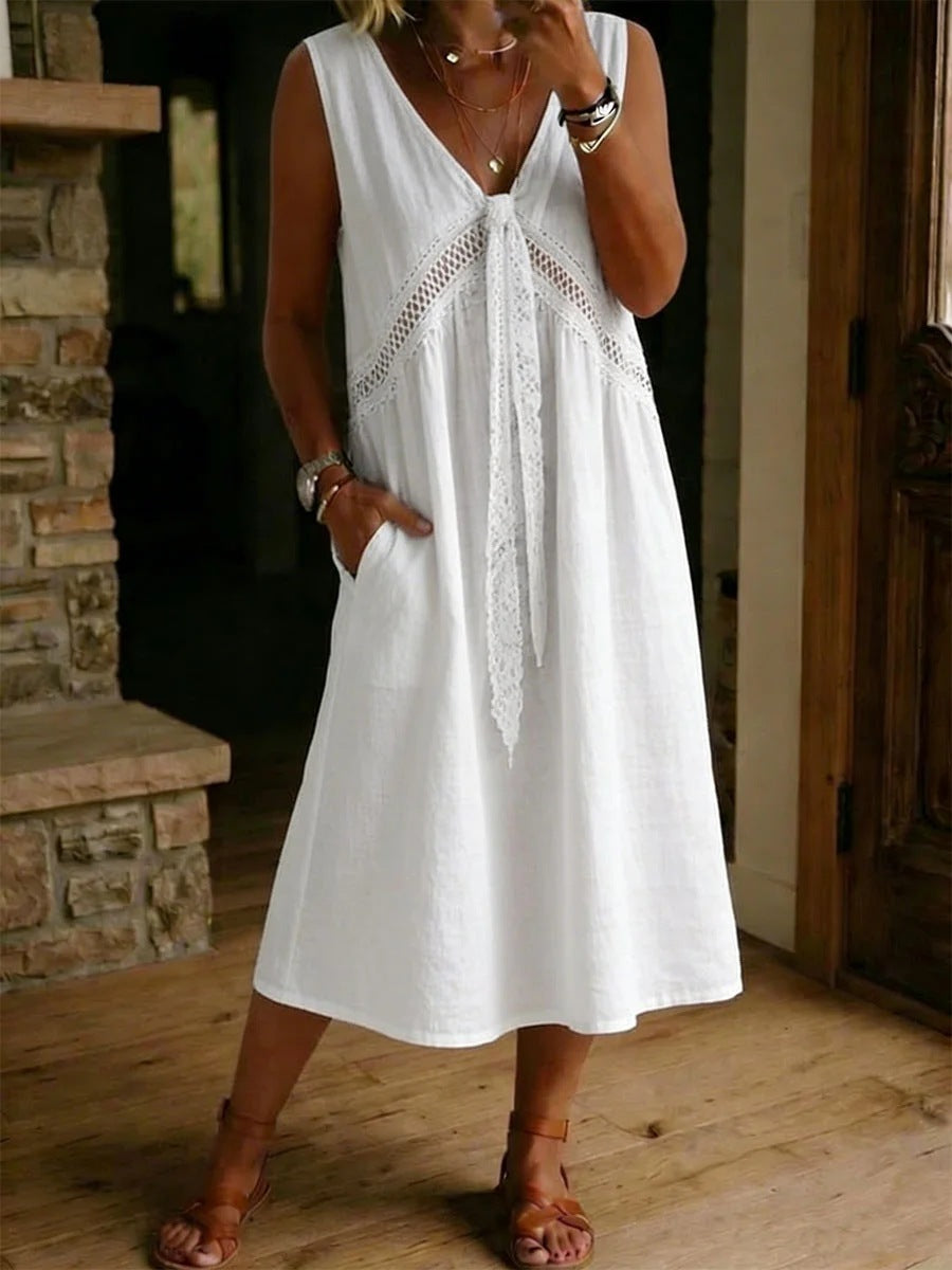 Women's Linen Pure Color Cotton Sleeveless Dress