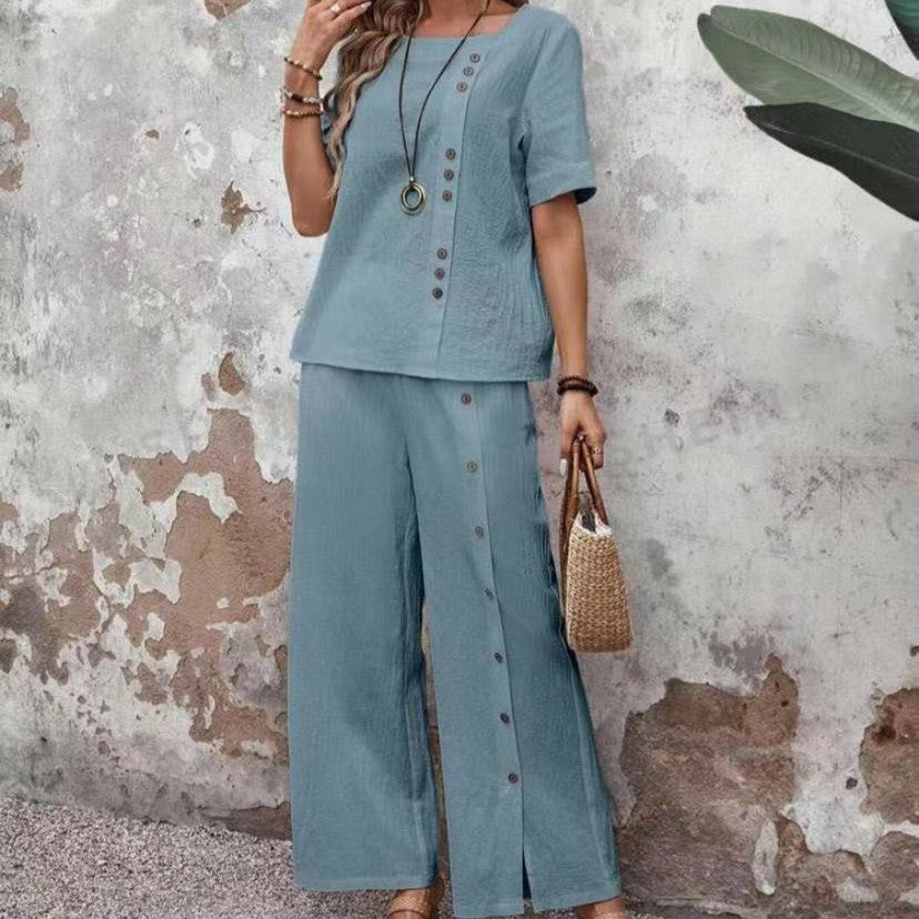 Women's Linen Fashion Casual Loose Two-piece Sleeve Button Suits