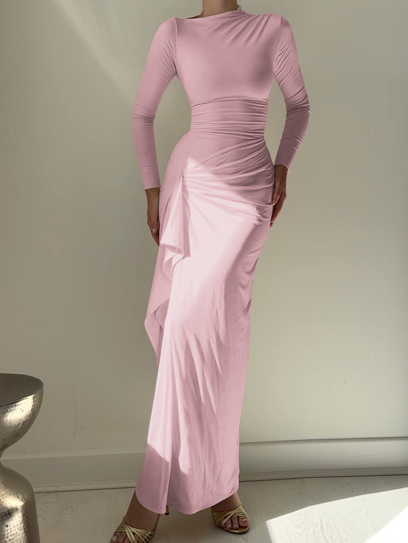 Women's Autumn Solid Color Round Neck Fashion Elegant Slit Dress