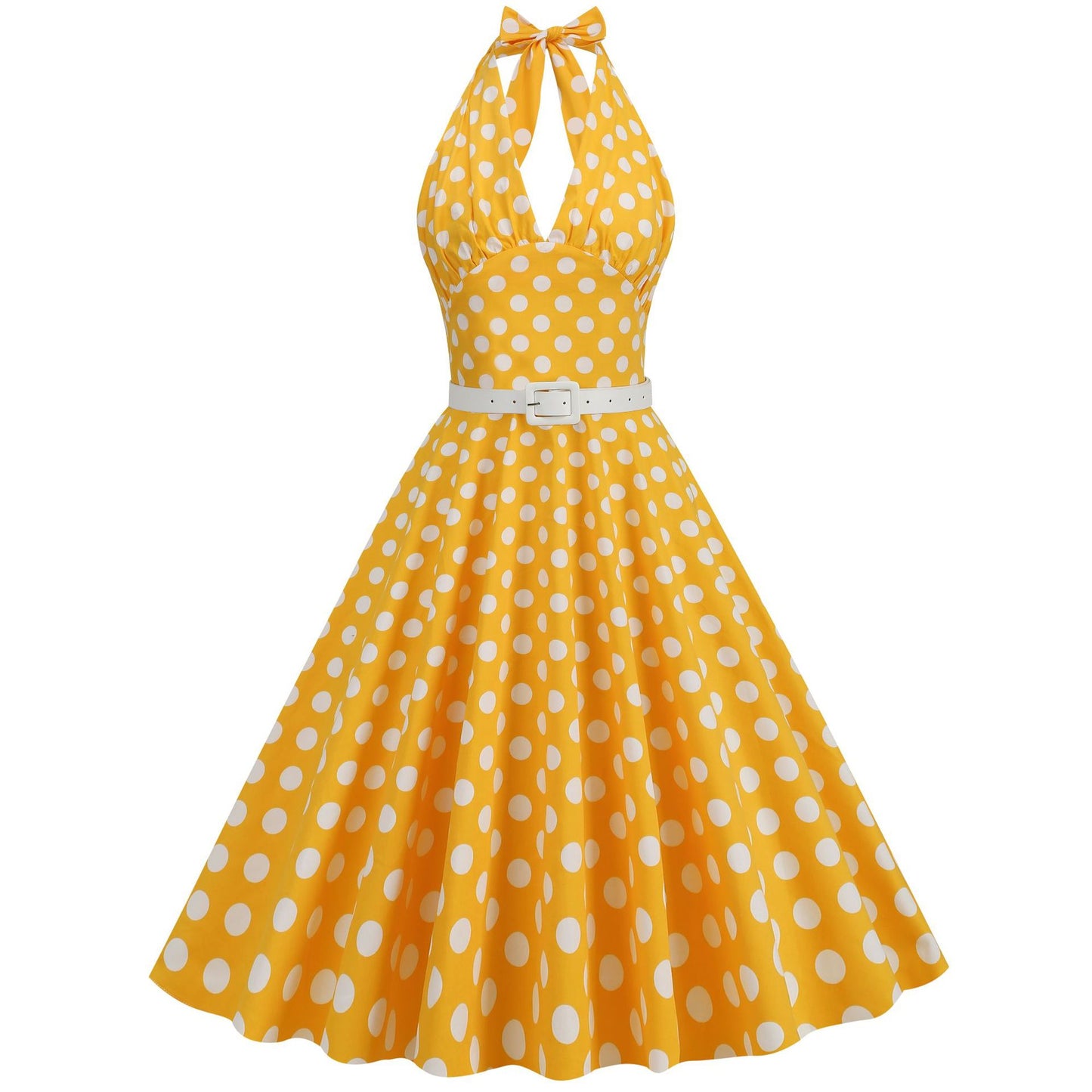 Women's Polka Dot Stitching Belt Halter Hepburn Dresses