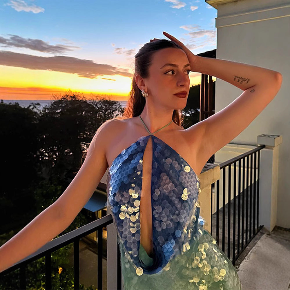 Women's Summer Sexy Cutout Backless Halter Sequin Dresses