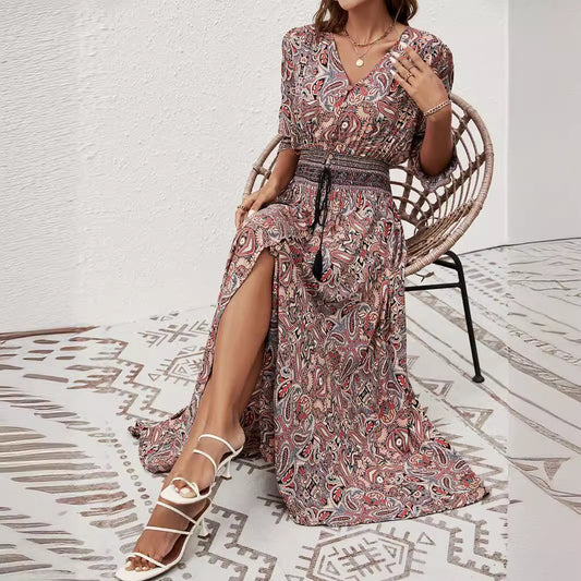 Rayon Three-quarter Sleeve Waist Bohemian Casual Vacation Dresses