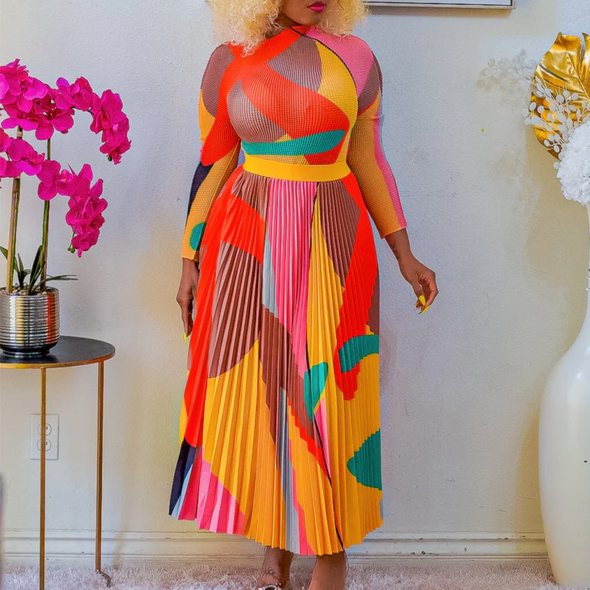 Autumn Pleated Print Contrast Color Long Sleeve Fashion Suits