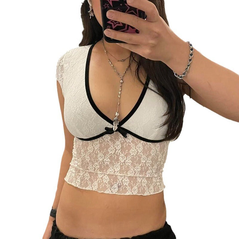 French Style Deep Contrast Color Bow Blouses