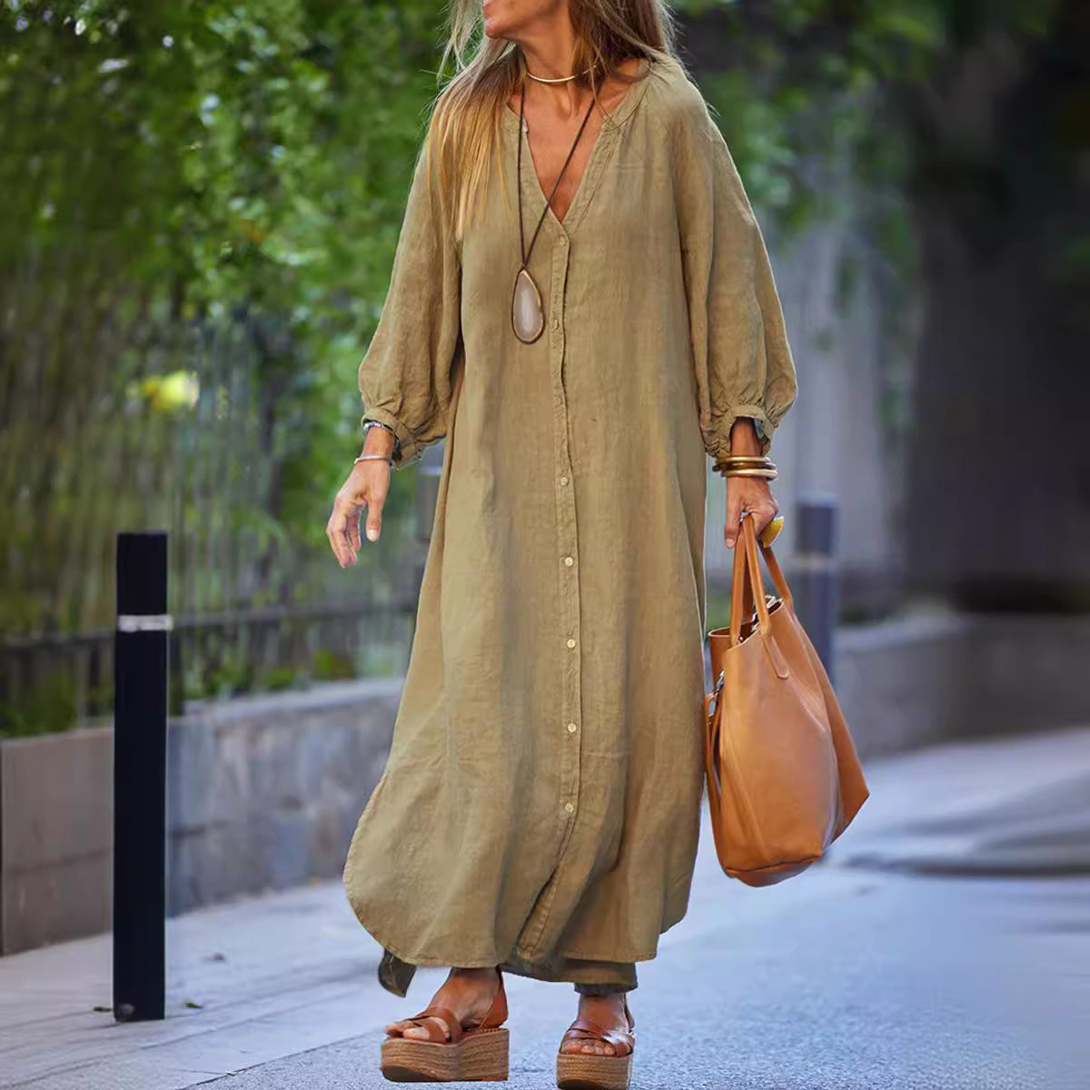 Women's Cotton Linen Fashion Casual Long Sleeve Dress
