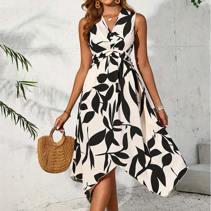 Women's Sleeveless Midi Leaf Print Twist Irregular Dress Dresses