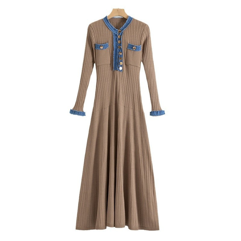 Women's Elegant Slim Denim Stitching Contrast Color Dress