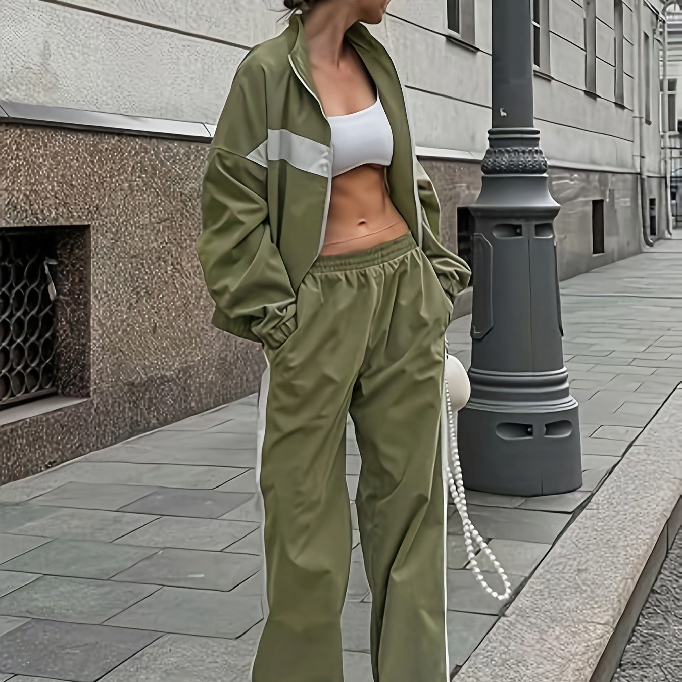 Color Stitching American Sports Commuter Two-piece Set Female Leisure Fashion Casual Suit