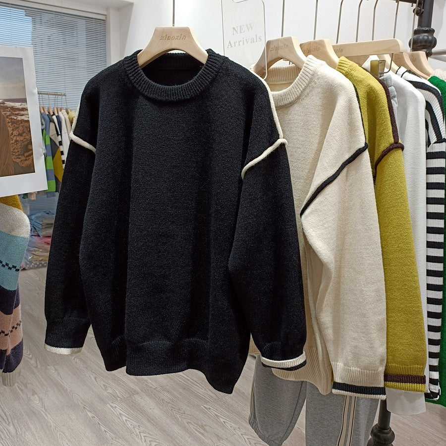 Women's Style Artistic Retro Loose Simple Round Neck Design Contrast Color Women's Sweater