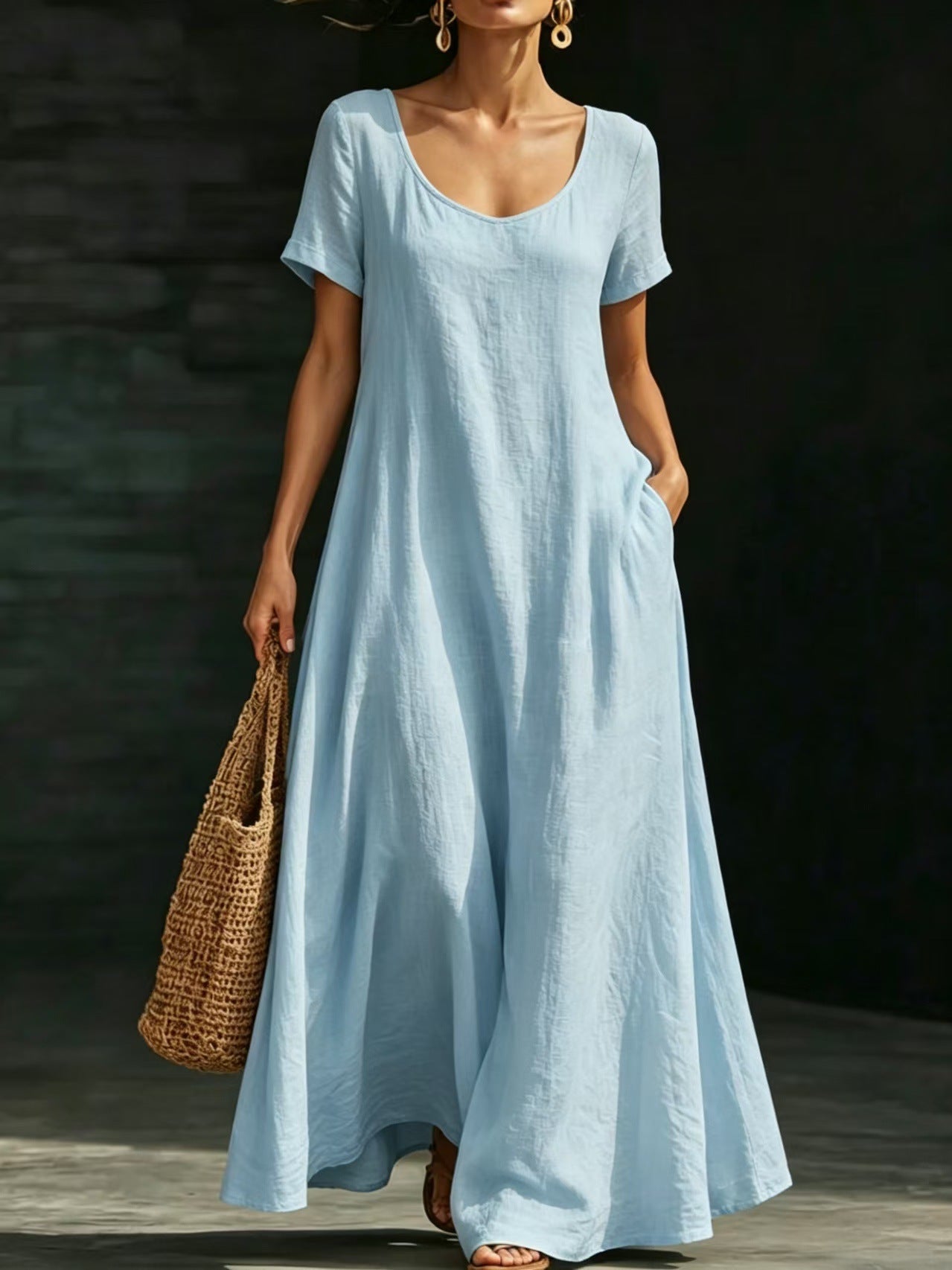 Women's Summer Collar Sleeve Loose Swing Casual Solid Dress