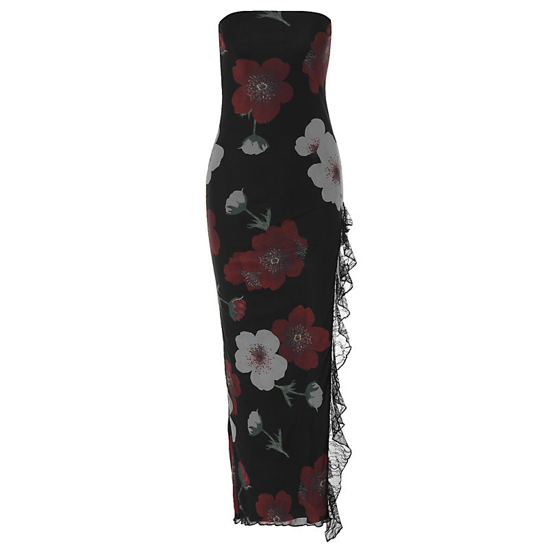 Women's Lace Stitching Wrapped Chest Backless Slit Dresses