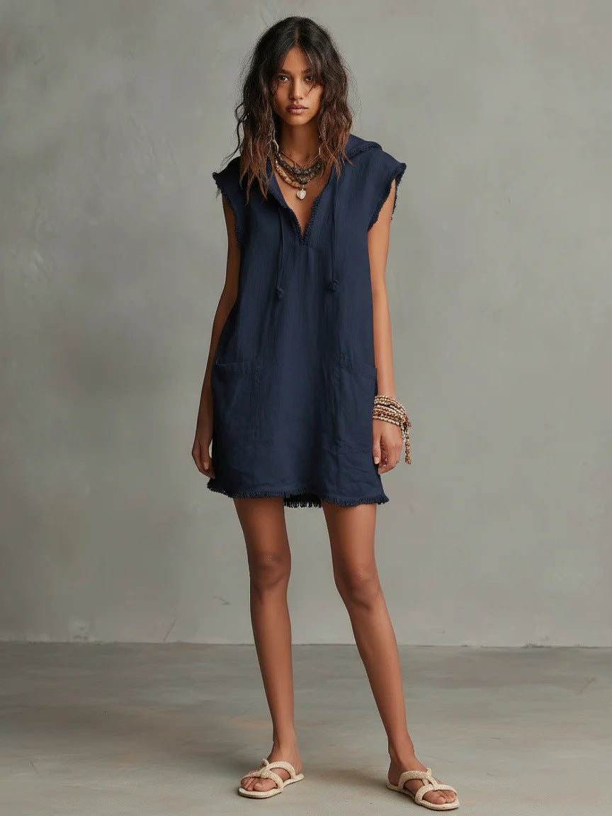 Women's Minimalist Linen Blended Mini Hooded Sleeveless Frayed Dress