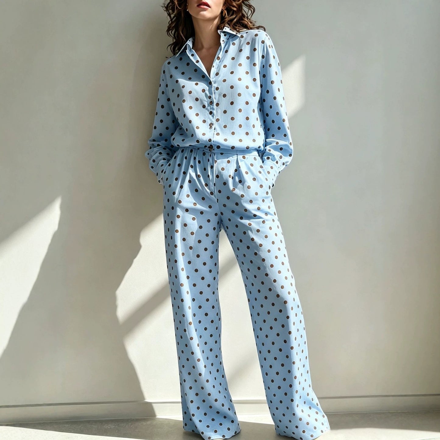 Sleeve Lapel Shirt Elastic Waist Wide Leg Two-piece Set Light Pants