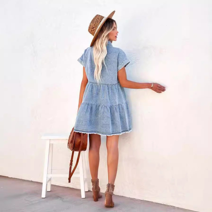 Commute Fashion Loose Denim Shirt Sleeve Dresses