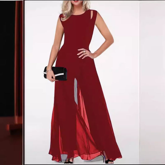 Women's Round Neck Sleeveless Hollow Milk Silk Jumpsuits