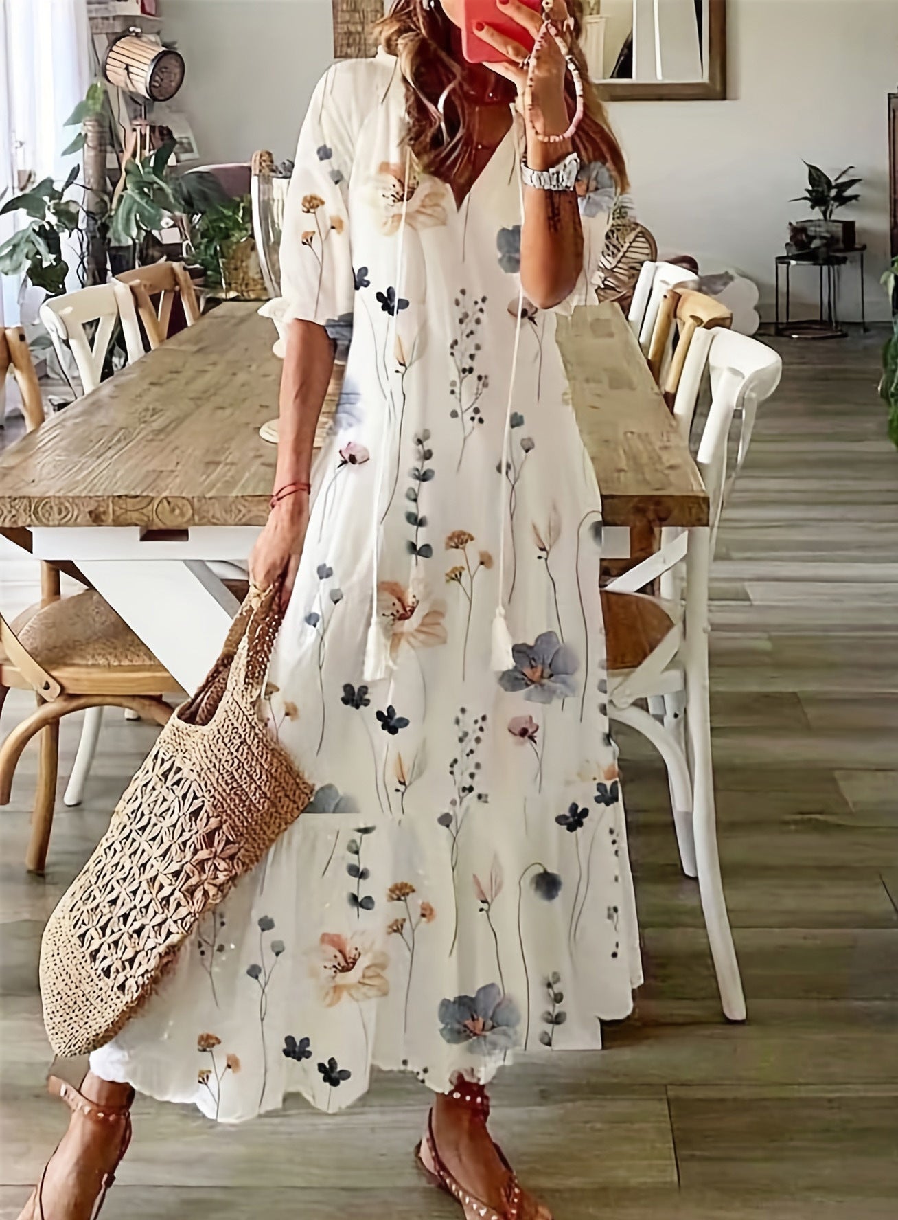 Women's Casual Sweet Loose Printed Tassel Long Dresses