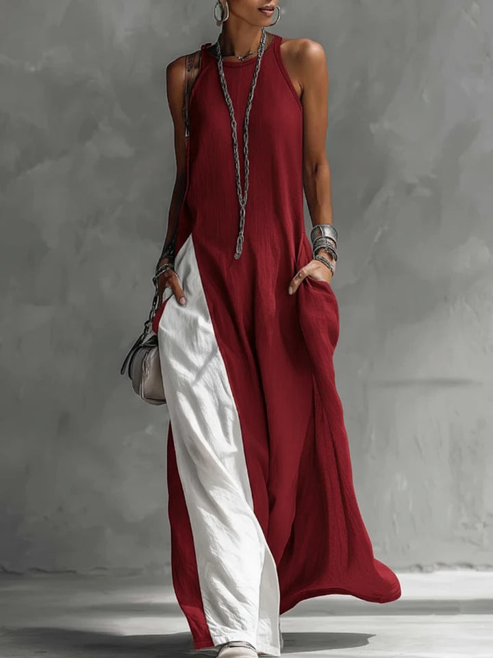 Women's Sleeveless Loose Pockets Contrast Color Casual Dress