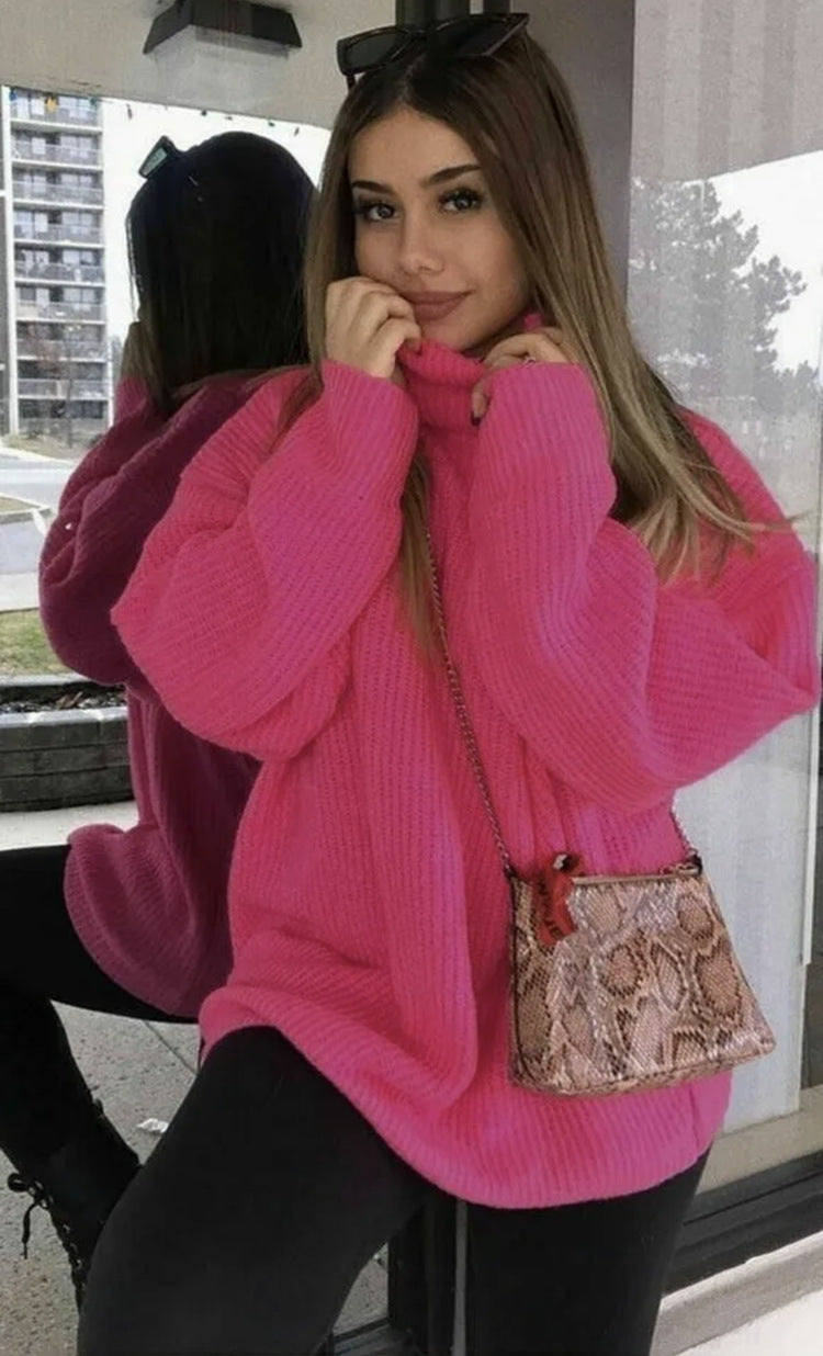 Women's Turtleneck Solid Color Loose Pullover Woolen Coats