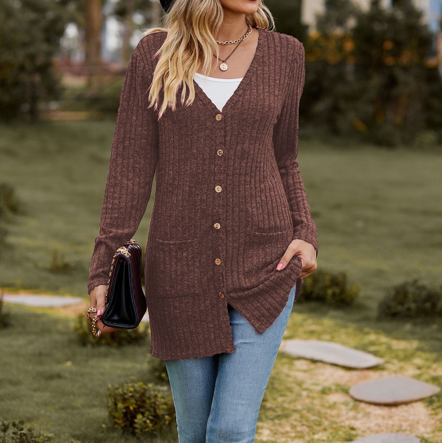 Women's Long Sleeve Knitted Brushed Sunken Stripe Texture Versatile Tops