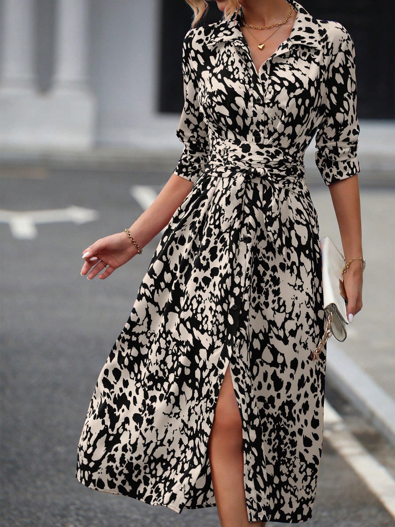 Slouchy Print Elegant Shirt Long Sleeve Dress
