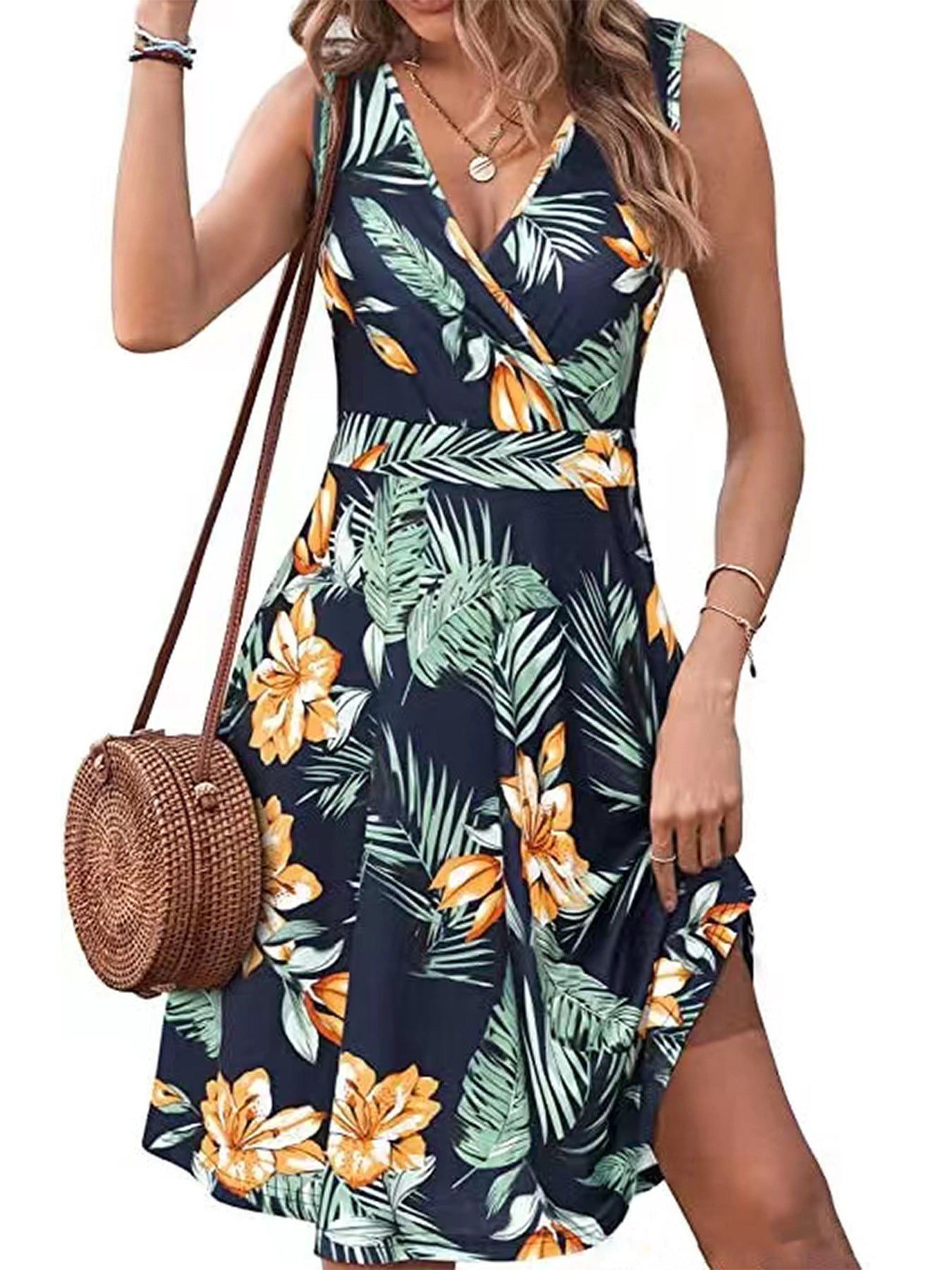 Graceful Comfortable Elegant Sleeveless Printed Pocket Dress