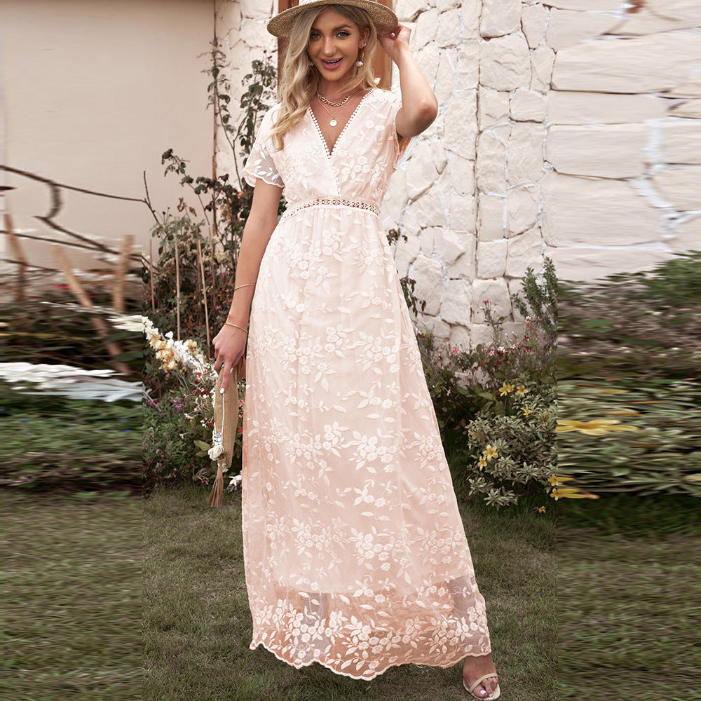 Women's Summer Lace Crocheted Dress Solid Color Clothing