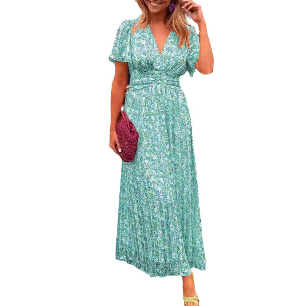 Women's Fashion Temperament Printed Waist Dress Dresses