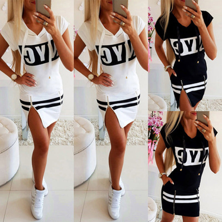 Classic Women's Fashion Short-sleeved Hooded Split Dress