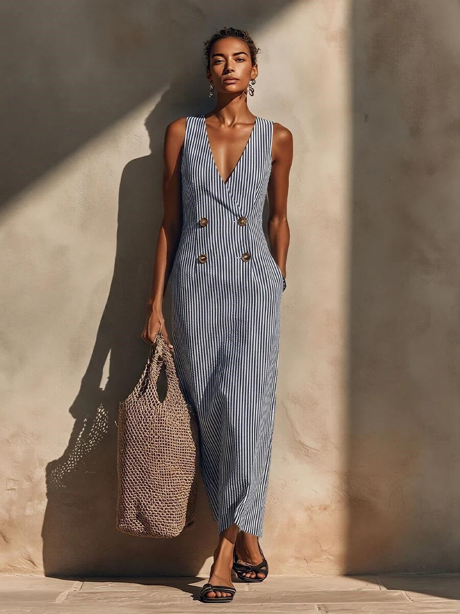 Women's Striped Button Fashion Long Exquisite Refined Dress