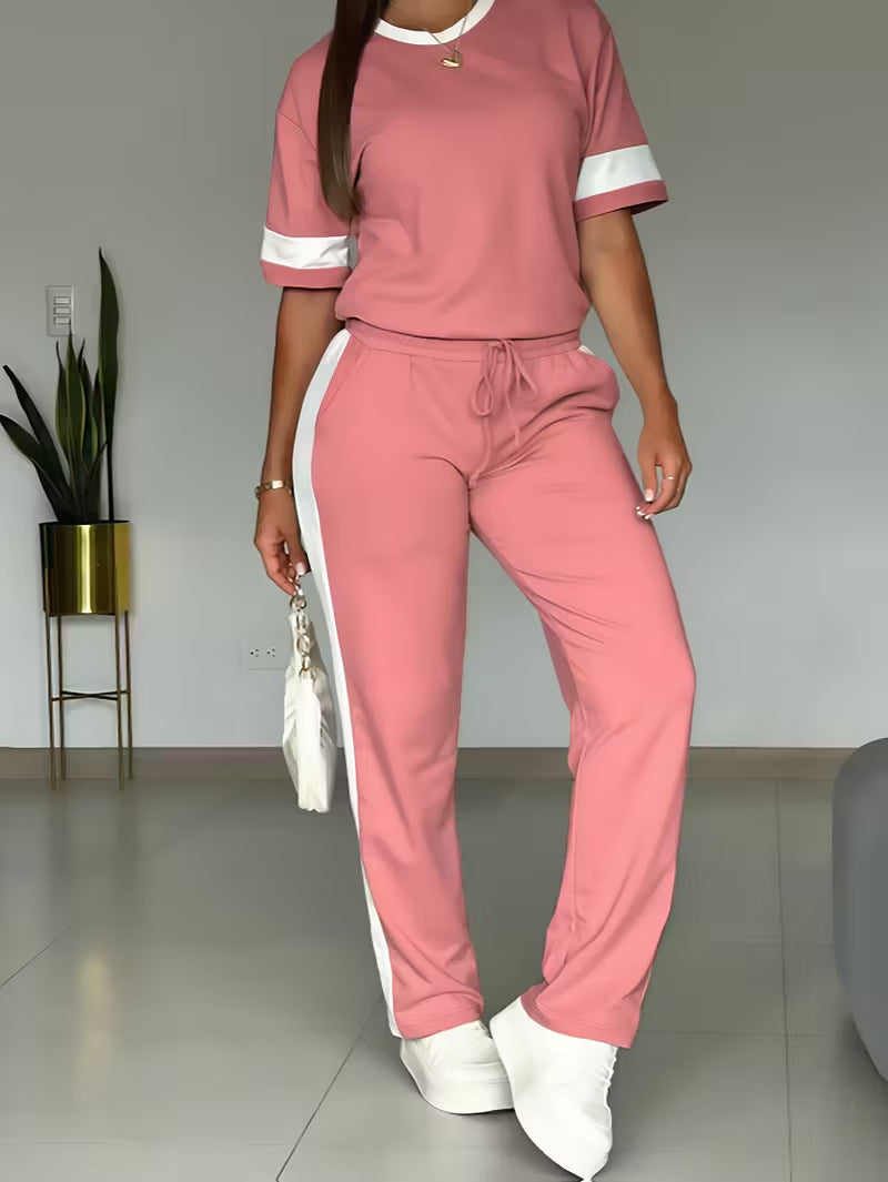 Women's Short-sleeved Side Striped Contrast Color Two-piece Fashion Casual Suit