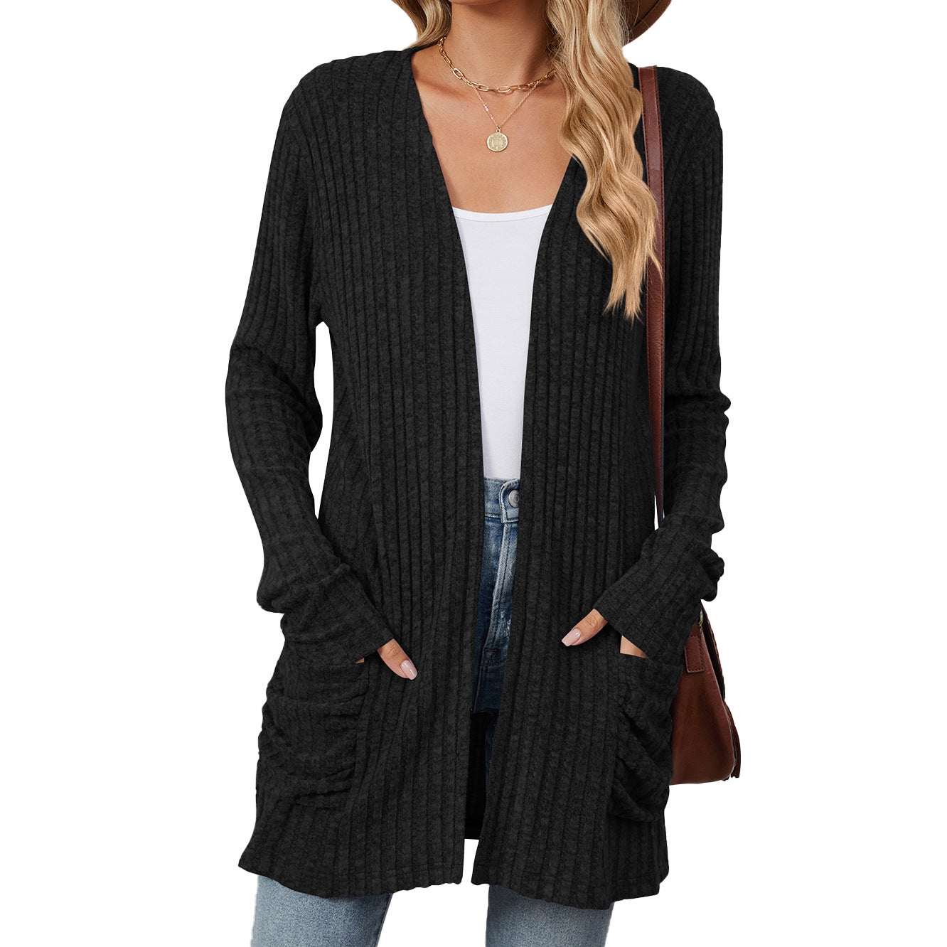 Solid Color Pocket Long Sleeve Bottoming Knitwear